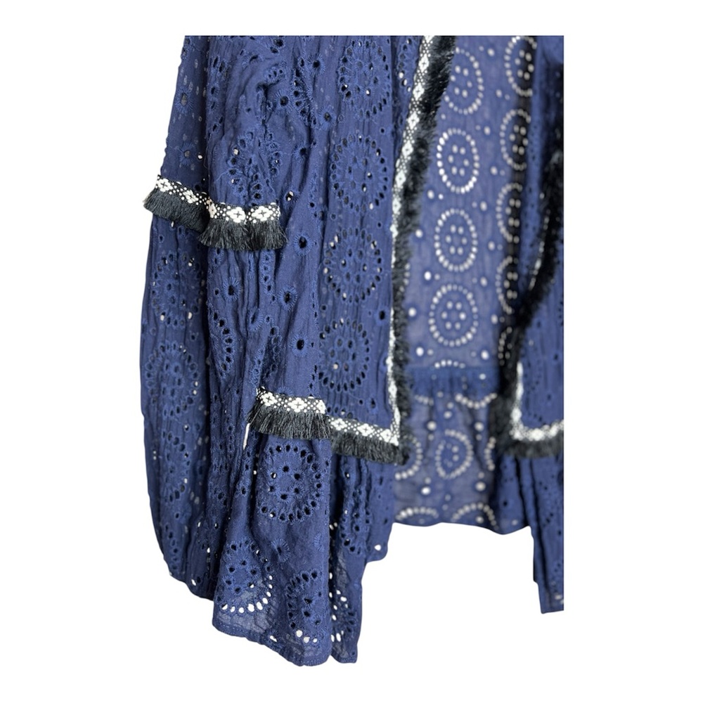 Suzanne Betro Women’s Dark Navy Eyelet Fringe Accents Open Front Cardigan SZ M - Picture 5 of 9